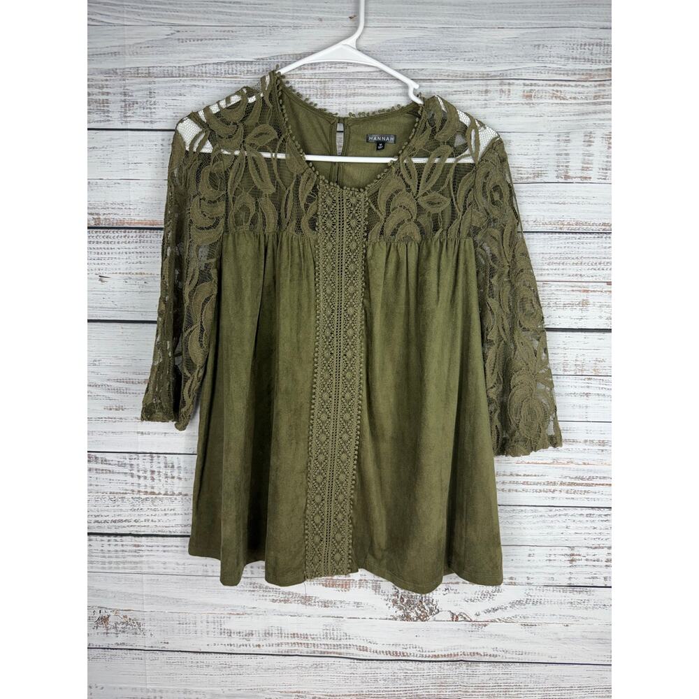 Hannah Green Faux Suede Boho Lace Top Medium Y2K Babydoll Embroidered Flowy Work